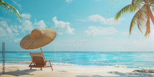 summer vacation travel background, with a straw hat, umbrella, beach chair. copy space  background. 3D Rendering