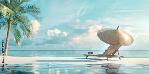 summer vacation travel background, with a straw hat, umbrella, beach chair. copy space  background. 3D Rendering
