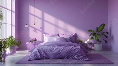 A cozy bedroom with a purple color theme, designed in a minimalist fashion with simple, elegant furniture. The image includes generous copy space for versatile use in various projects.
