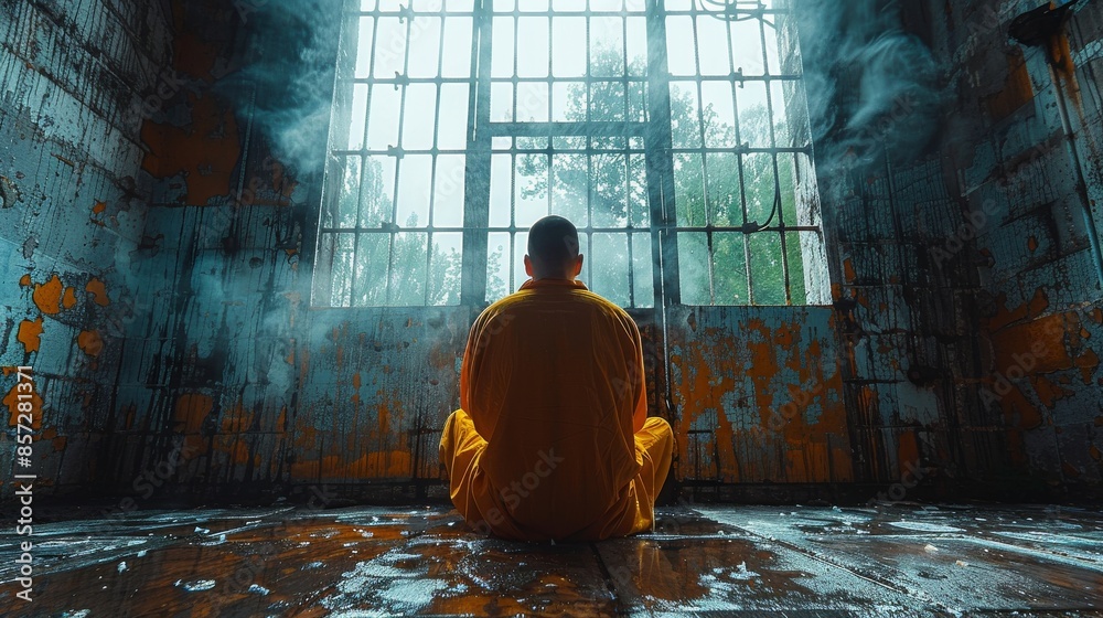 A man, dressed in orange attire, is shown seated on the wet floor of a dilapidated, foggy prison cell, accentuated by broken windows and rusted walls, exuding an aura of despondency.