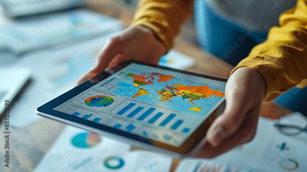 Fototapeta premium A close-up shot of two hands working together on a tablet showing business metrics, with a background of scattered documents and reports.