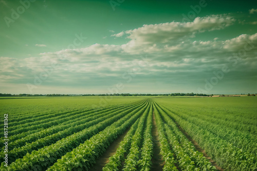Green vegetable fields extending to the horizon under a green sky