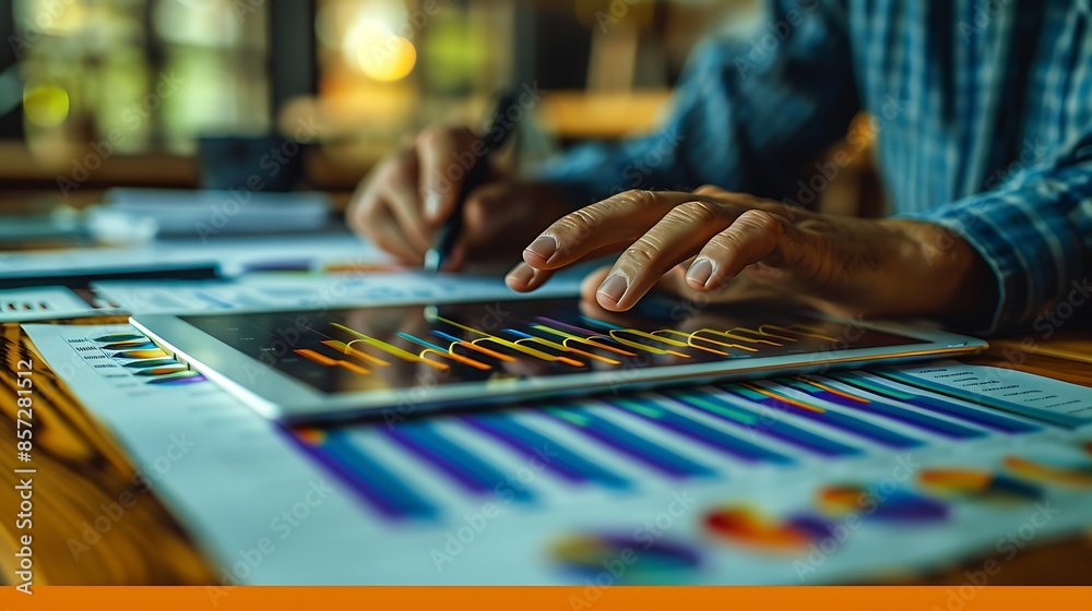 Close-up of hands collaborating on a tablet displaying financial graphs and charts, with scattered papers and handwritten notes in the background. Close-up of hands collaborating on a tablet displaying financial graphs and charts, with scattered papers and handwritten notes in the background.