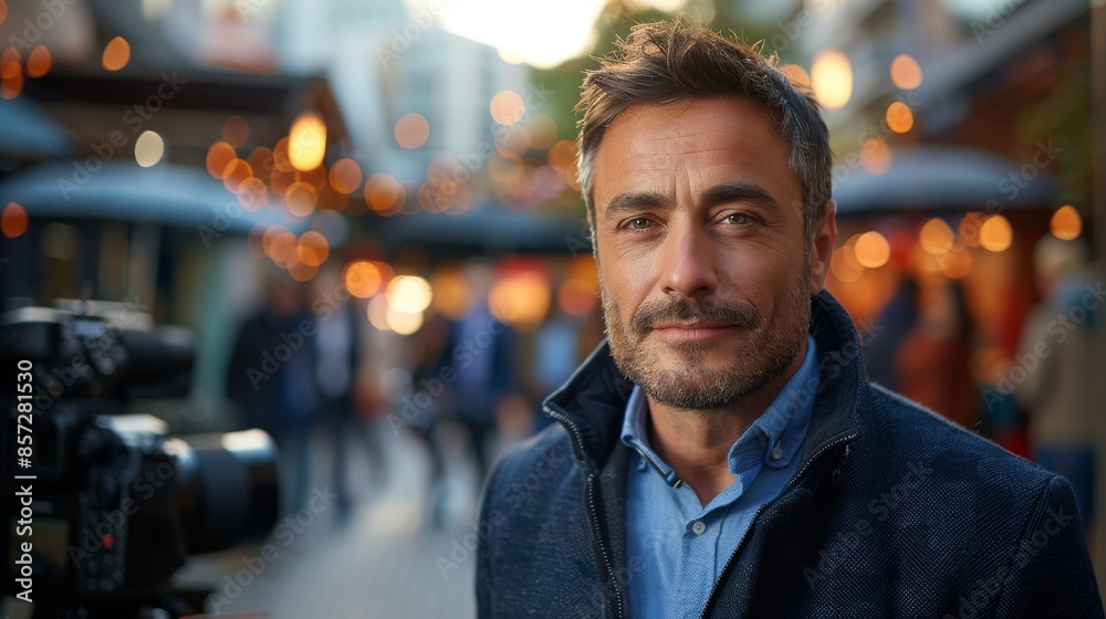 A sophisticated man with a beard stands confidently on a bustling city street, illuminated by festive lights that add warmth and liveliness to the atmosphere.