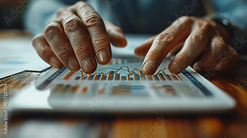 Close-up of hands interacting with a tablet displaying financial graphs, surrounded by scattered financial documents and papers. © LuvTK