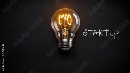 Blackboard background with light bulb and the word startup, concept of idea and creativity.