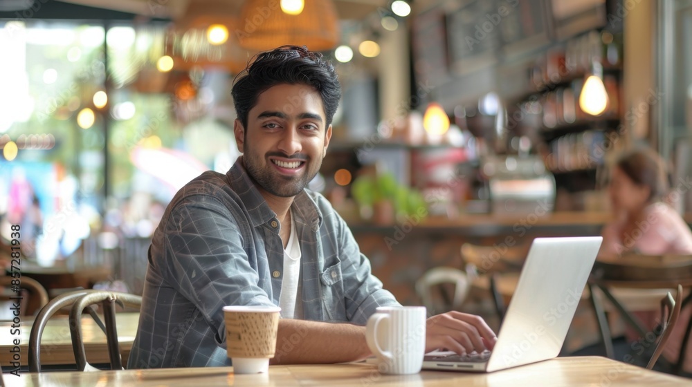 Smiling man working on laptop at cafe with coffee. Relaxed atmosphere, productivity, and comfort while enjoying a coffee break. Smiling man working on laptop at cafe with coffee. Relaxed atmosphere, productivity, and comfort while enjoying a coffee break.