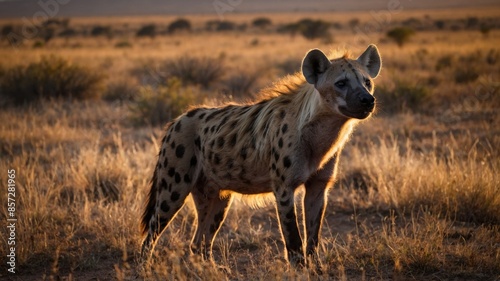 Hyena in the African savannah, sunset in the background, wildlife, wild animal. © Deivison