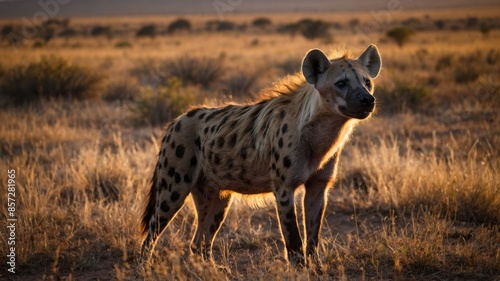 Hyena in the African savannah, sunset in the background, wildlife, wild animal.