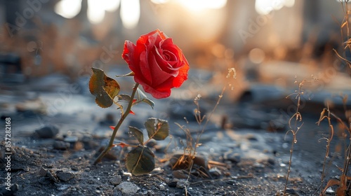 A vivid red rose stands resiliently amidst a dry, desolate field at sunset, embodying themes of hope, strength, and beauty against a harsh and challenging backdrop. photo