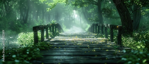 Digital green nature trail with wooden bridge