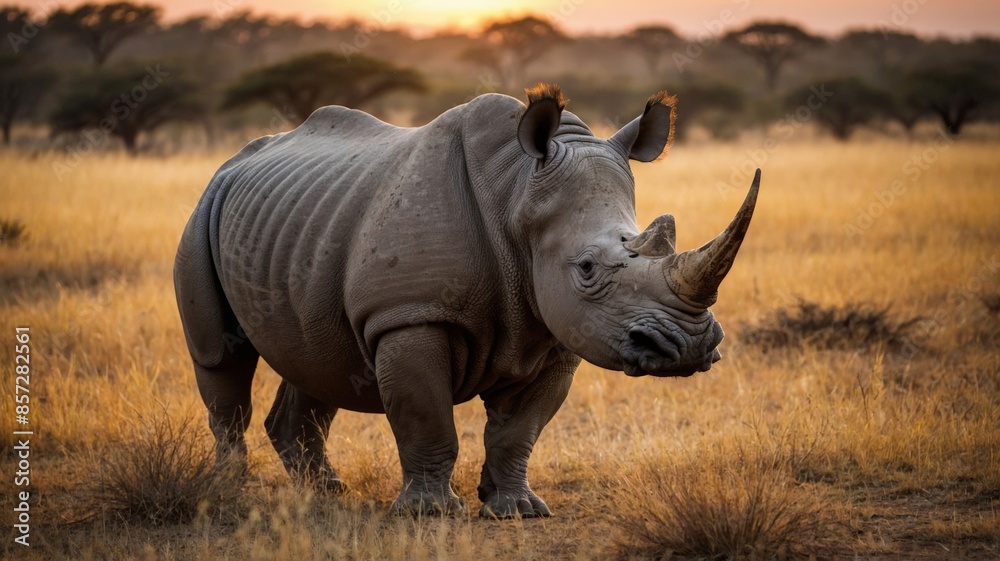 Obraz premium Majestic and beautiful rhino in the African savanna, sunset in the background, wildlife, wild animal.