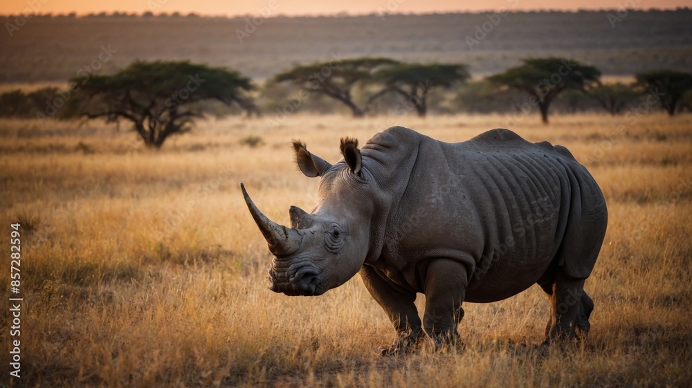 Obraz premium Majestic and beautiful rhino in the African savanna, sunset in the background, wildlife, wild animal.