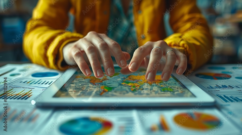 Close-up of hands interacting with a tablet showing key performance indicators, surrounded by a clutter of scattered documents. Close-up of hands interacting with a tablet showing key performance indicators, surrounded by a clutter of scattered documents.