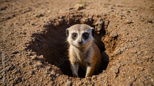 Meerkat in hole in the ground in the African savannah, wildlife, wild animal, African animal. © Deivison