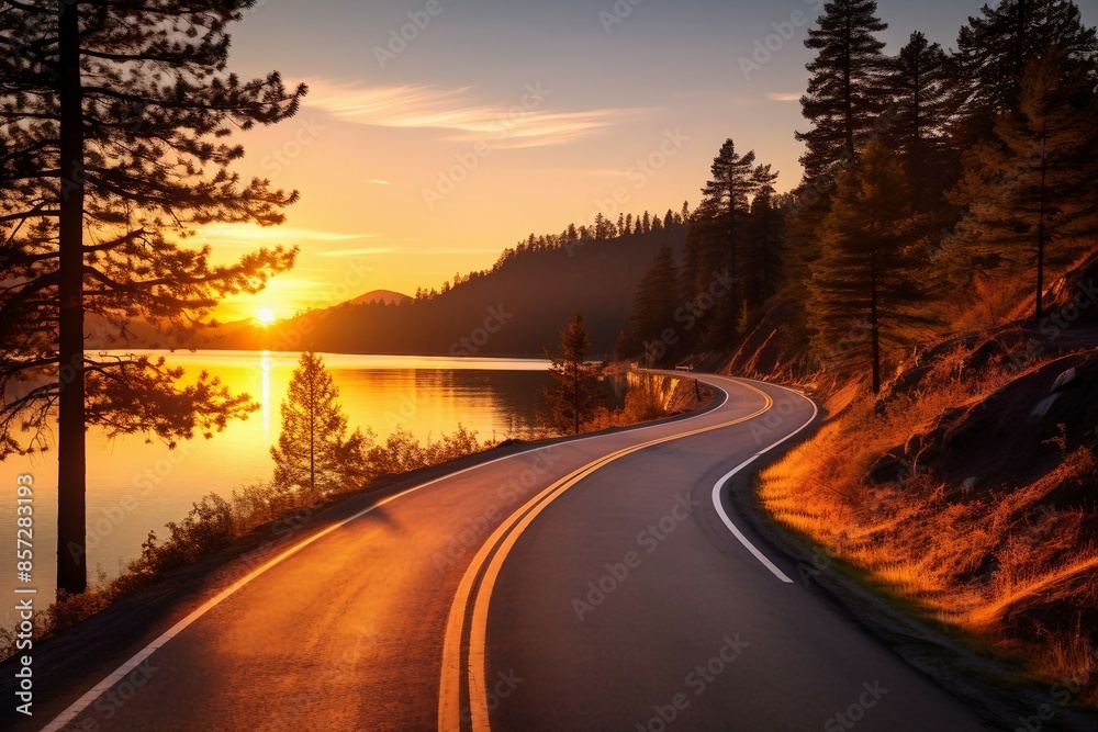 Winding Road Along Lakeside at Sunset in Scenic Forest. Generative AI Winding Road Along Lakeside at Sunset in Scenic Forest. Generative AI