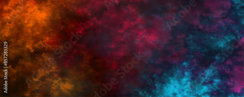 Dark concrete wall beautiful orange and dark blue ocean background. Colorful Stained stony rusty wall background. Aquamarine and pink Abstract Glowing Space Stars. Vintage paper textured aquarelle 