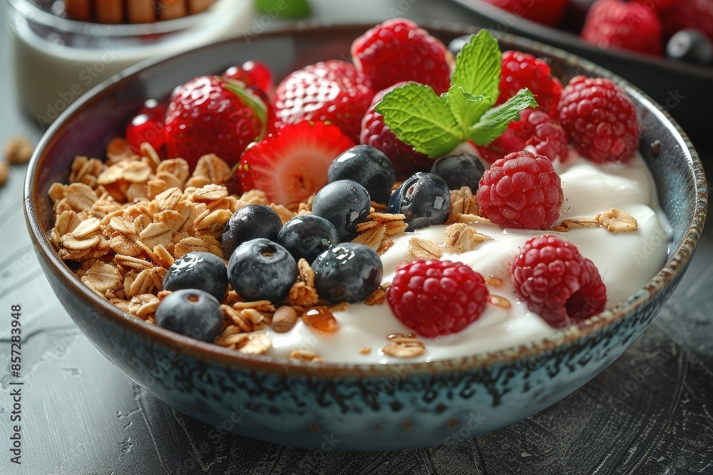 A healthy breakfast bowl with yogurt, granola, fresh berries, and a drizzle of honey. A healthy breakfast bowl with yogurt, granola, fresh berries, and a drizzle of honey.