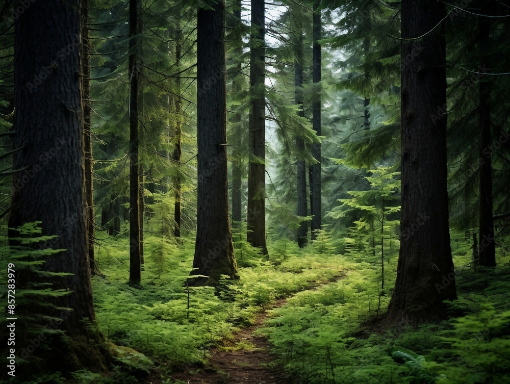Peaceful Forest Pathway Amidst Towering Pine Trees and Verdant Foliage. Generative AI Peaceful Forest Pathway Amidst Towering Pine Trees and Verdant Foliage. Generative AI