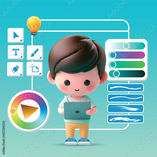 3D cute illustration character of illustrator or graphic designer working drawing with tablet or ipad with apps application icon or graphic software interface