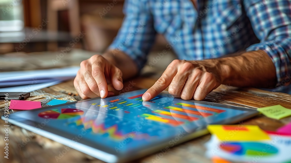 Two hands in a close-up shot collaborating on a tablet, showing colorful financial graphs and charts, with scattered papers and notes around them. Two hands in a close-up shot collaborating on a tablet, showing colorful financial graphs and charts, with scattered papers and notes around them.