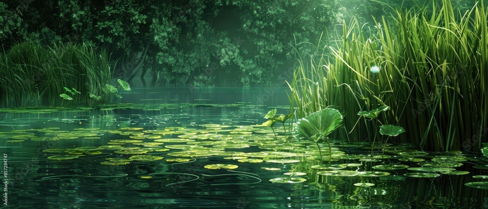 Digital green wetland with reeds and water lilies Digital green wetland with reeds and water lilies