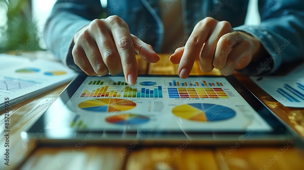 Two hands in a close-up shot interacting with a tablet displaying growth charts, with scattered business plans and reports in the background.