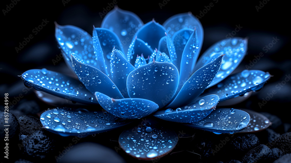 A blue flower with water droplets on it. The flower is surrounded by rocks A blue flower with water droplets on it. The flower is surrounded by rocks