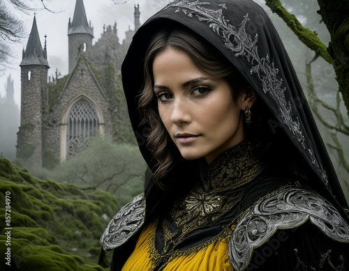 hermosa mujer de época medieval de cuentos de fantasía junto a una abadía photo
