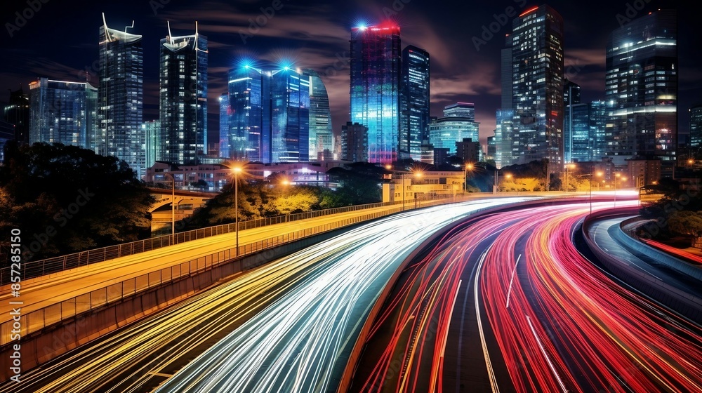 Fototapeta premium Urban Nightscape Featuring Speeding Light Streaks and Tall Buildings. Generative AI