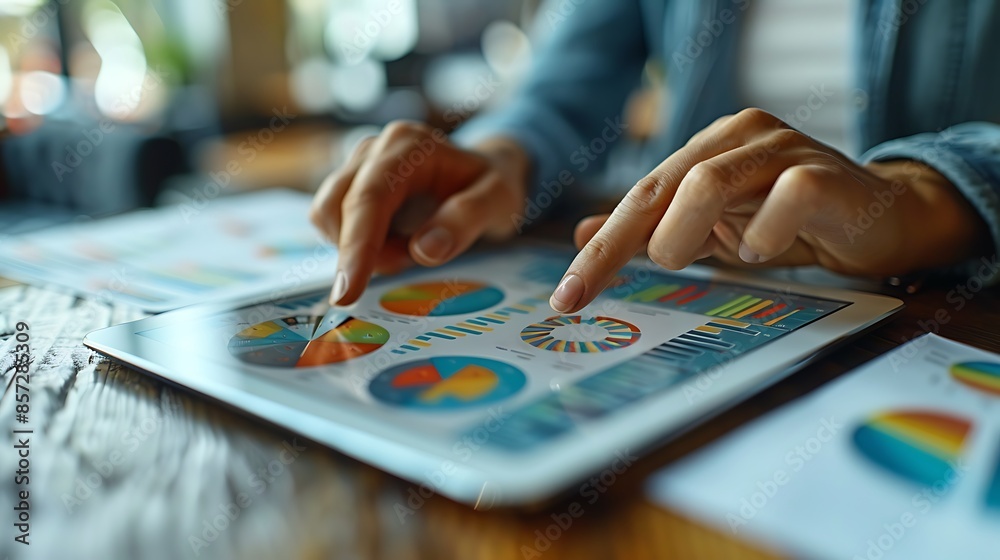 Two hands in a close-up shot interacting with a tablet displaying project timelines and charts, with scattered project plans and documents in the background. Two hands in a close-up shot interacting with a tablet displaying project timelines and charts, with scattered project plans and documents in the background.