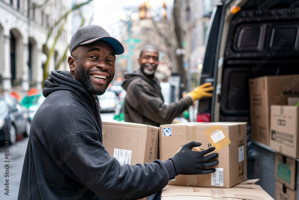 A delivery worker smiles as he loads boxes into a van on a city street
