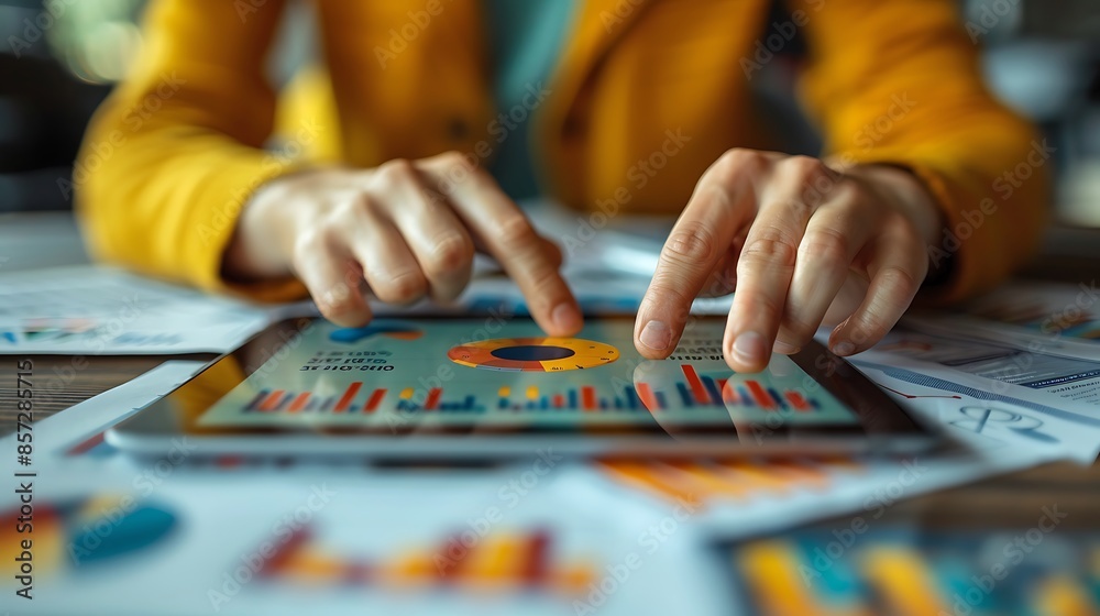Two hands in a close-up shot working on a tablet displaying business metrics, surrounded by various scattered documents and reports. Two hands in a close-up shot working on a tablet displaying business metrics, surrounded by various scattered documents and reports.