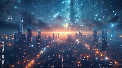 Night skyline of a futuristic city with skyscrapers and a starry sky