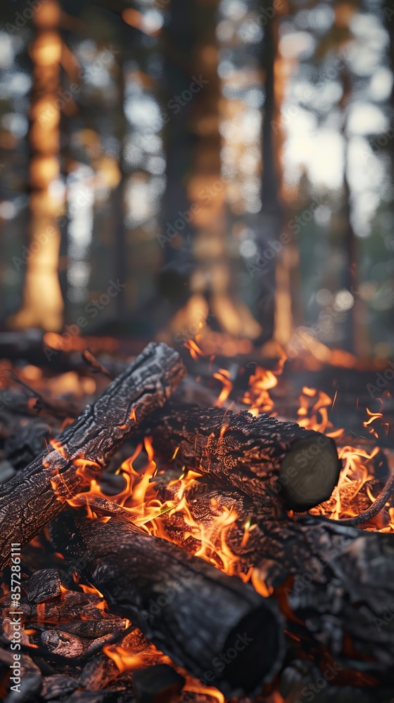Campfire burning in the forest with logs and flames, close-up Campfire burning in the forest with logs and flames, close-up