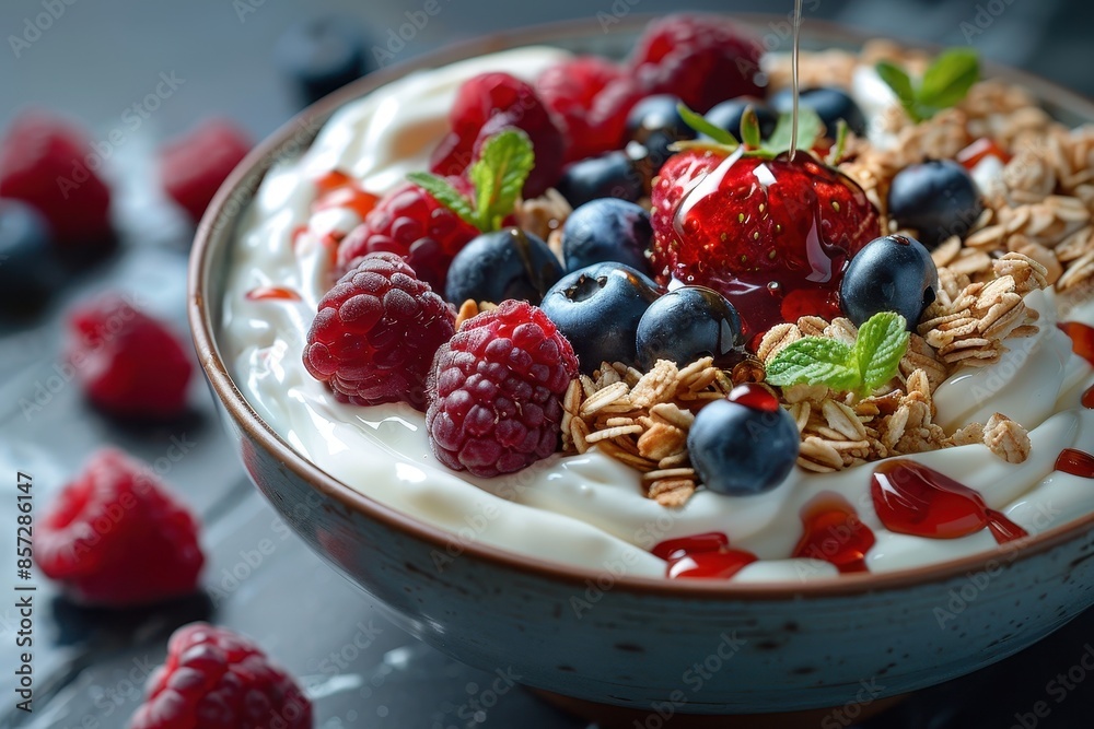 A healthy breakfast bowl with yogurt, granola, fresh berries, and a drizzle of honey. A healthy breakfast bowl with yogurt, granola, fresh berries, and a drizzle of honey.