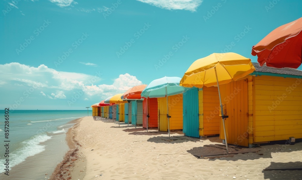 Row of beach cabanas with umbrellas Row of beach cabanas with umbrellas