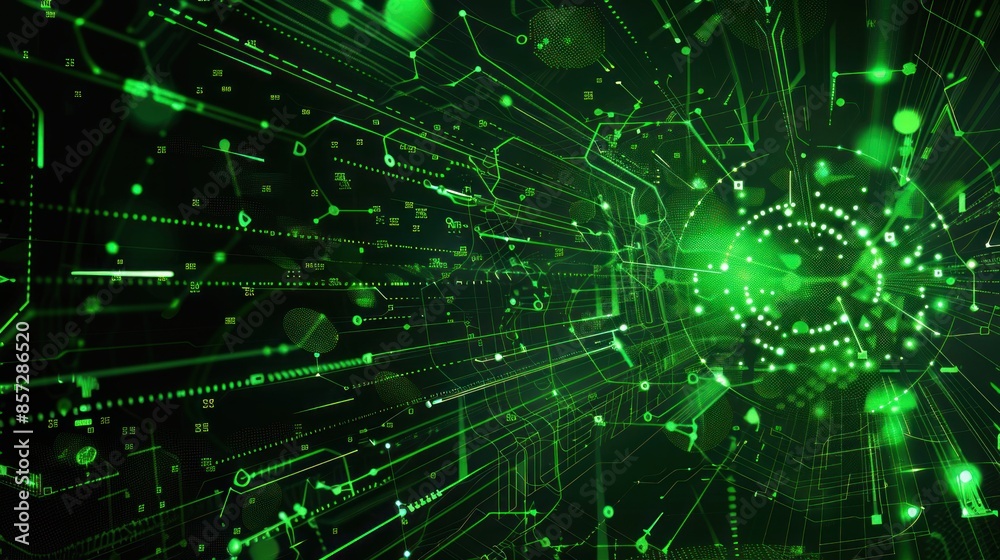 Abstract Digital Network with Green Glowing Lines and Data Abstract Digital Network with Green Glowing Lines and Data