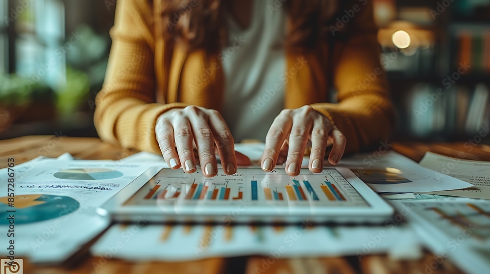 Fototapeta premium Two hands in a close-up shot working on a tablet showing financial graphs, with scattered financial documents and papers in the background, capturing the essence of a financial discussion.