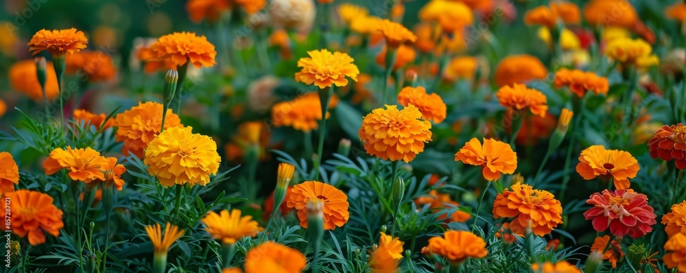 Vibrant garden with blooming marigolds Vibrant garden with blooming marigolds
