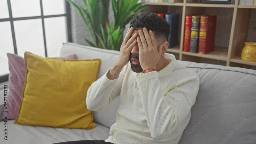 Shock-struck young hispanic man at home, covering face and peeking through fingers, displaying an embarrassed look and expression in his eyes Shock-struck young hispanic man at home, covering face and peeking through fingers, displaying an embarrassed look and expression in his eyes