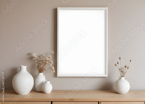 Empty wall art mockup on beige wall background with Boho shaped vases Modern interior AI Generated