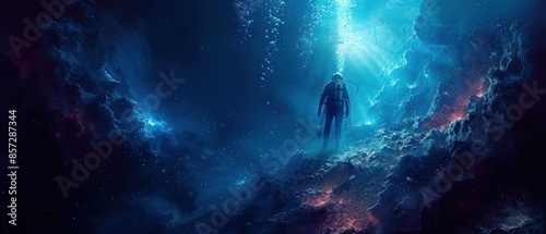 Diver exploring a deep underwater trench, surrounded by bioluminescent creatures photo
