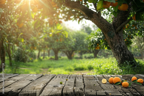 Tree Table wood Podium in farm display for food, perfume, and other products on nature background, Table in farm with orange tree and grass, Sunlight at morning
 photo