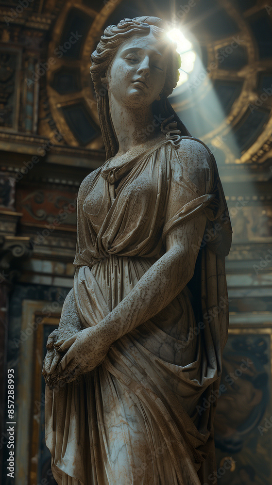Hyper-realistic female statue in Rome, Italian cathedral, praying, sun shining Hyper-realistic female statue in Rome, Italian cathedral, praying, sun shining
