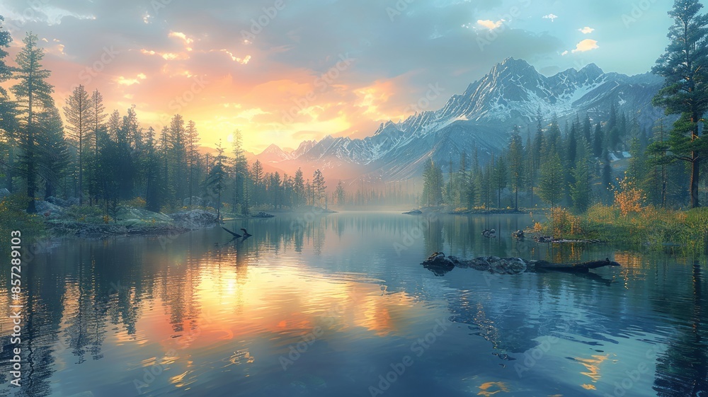 Serene Mountain Lake Scene At Sunrise Serene Mountain Lake Scene At Sunrise