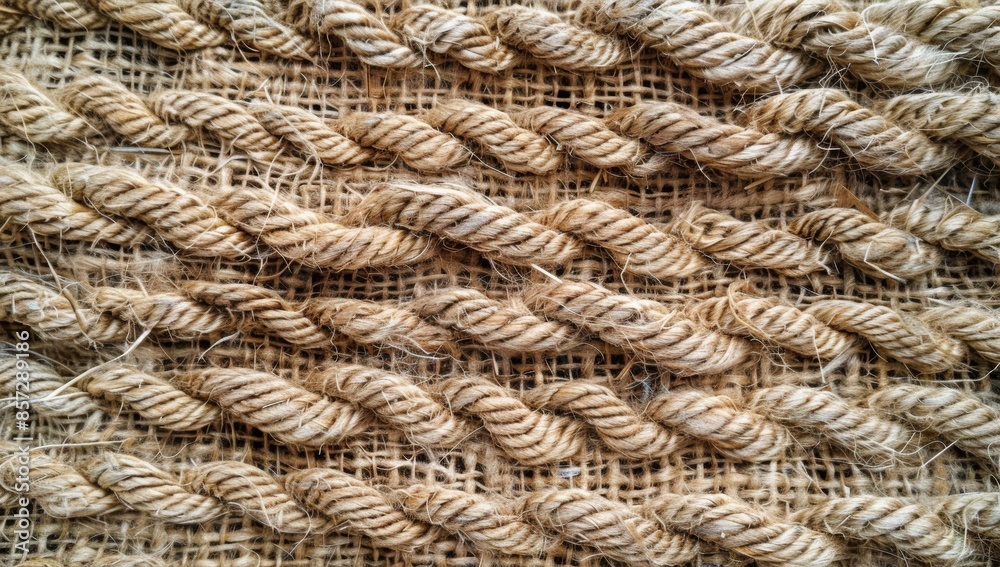 A close up image of woven rope on a burlap fabric background A close up image of woven rope on a burlap fabric background