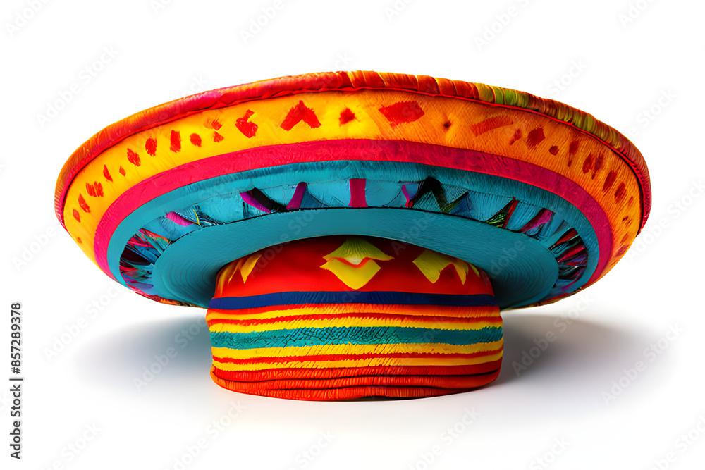 A festive sombrero bursts with color against a clean white backdrop. The wide brim and tall crown are adorned with vibrant patterns or embroidery.