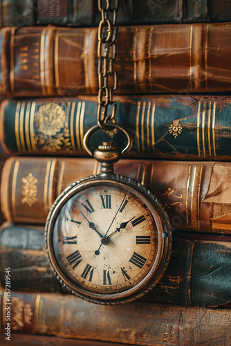 Vintage clock hanging on a chain on the background of old books. Old watch as a symbol of passing time. Concept on the theme of history, nostalgia, old age. Retro style
 photo