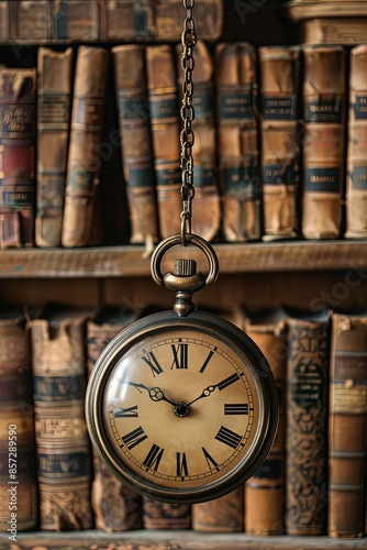 Vintage clock hanging on a chain on the background of old books. Old watch as a symbol of passing time. Concept on the theme of history, nostalgia, old age. Retro style
 photo